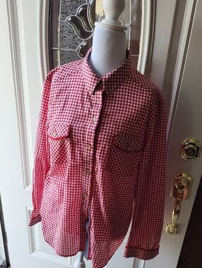 Ladies Red Gingham Button-Down Shirt